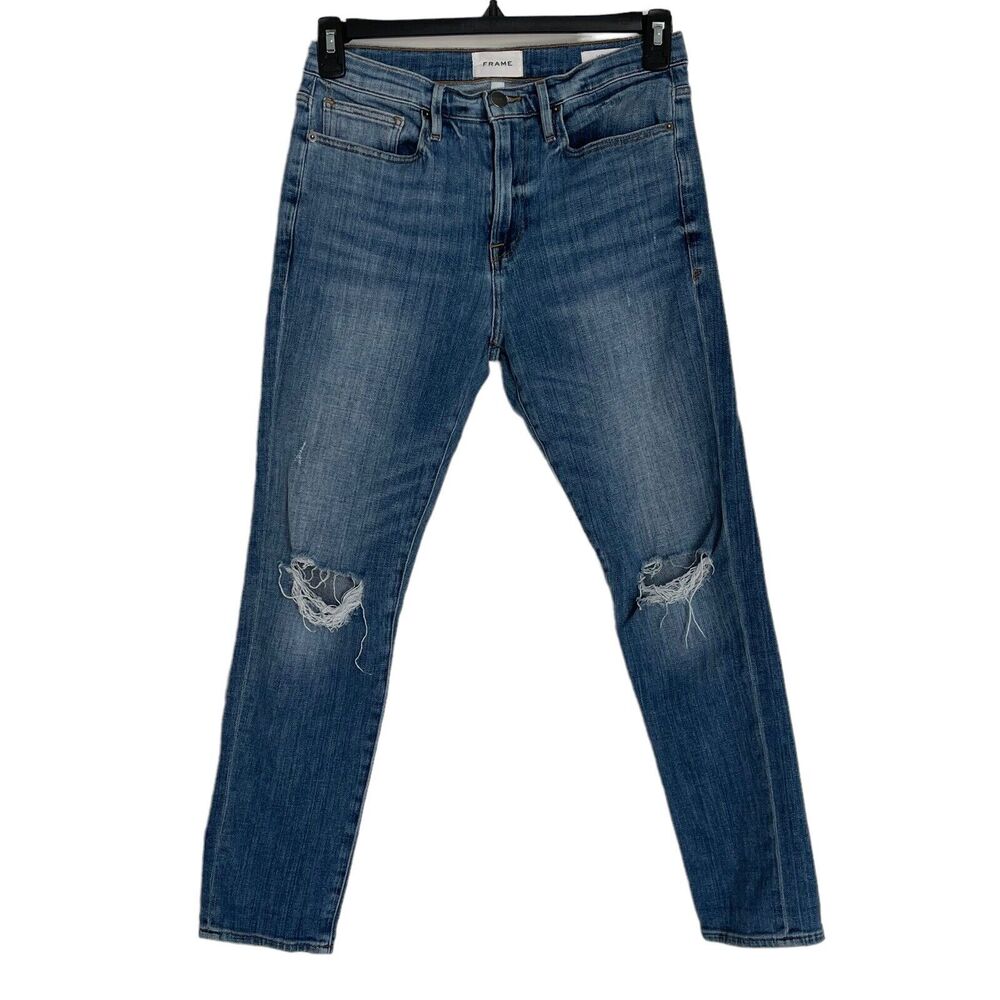 FRAME SZ 26 Cropped Boyfriend Jeans Le Beau Distressed Mid-Rise Stretch 5-Pocket